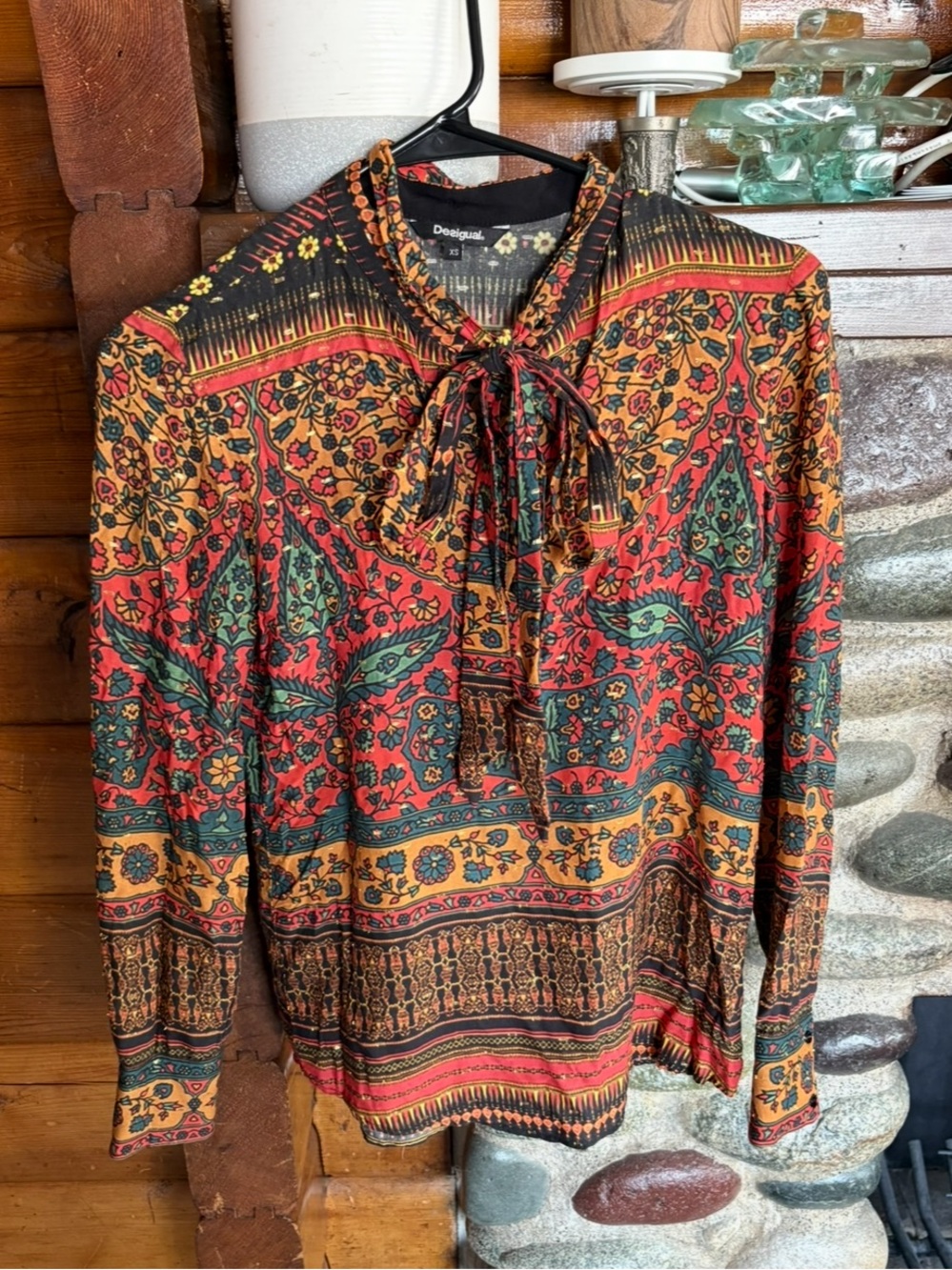 Desigual Boho Metallic Floral Tie Neck Blouse XS Artsy Y2K